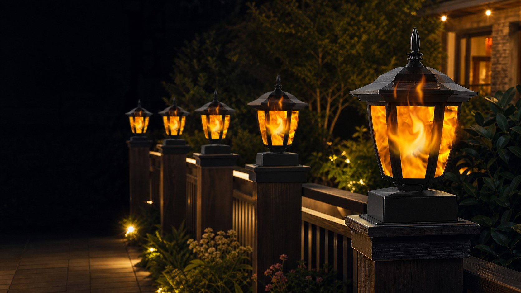 Flickering solar flame post lights along a landscaped garden fence