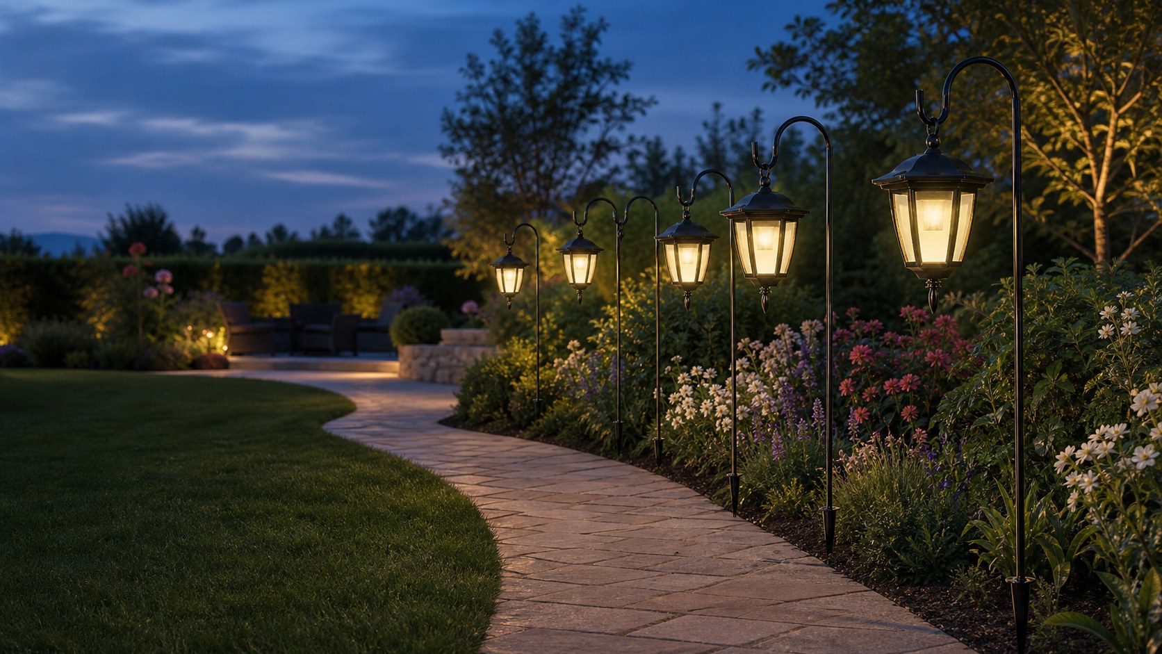 Hanging solar lanterns lighting a curved garden path at dusk