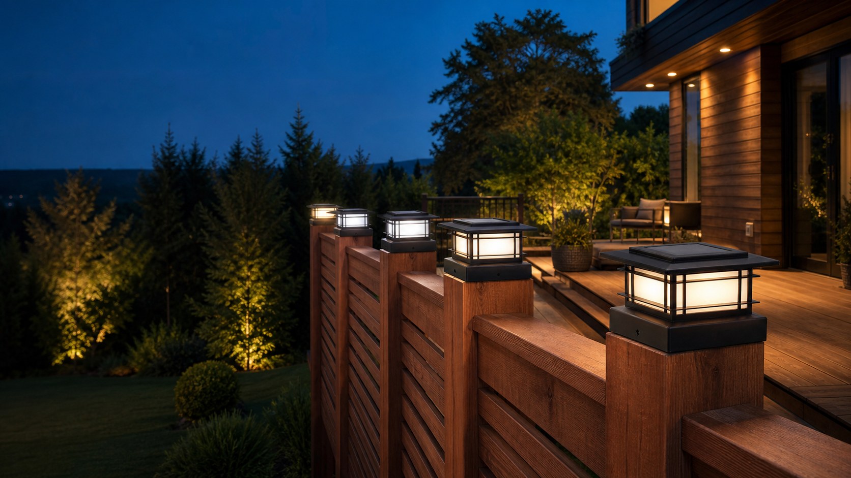 Solar post cap lights illuminating a modern deck and fence at dusk