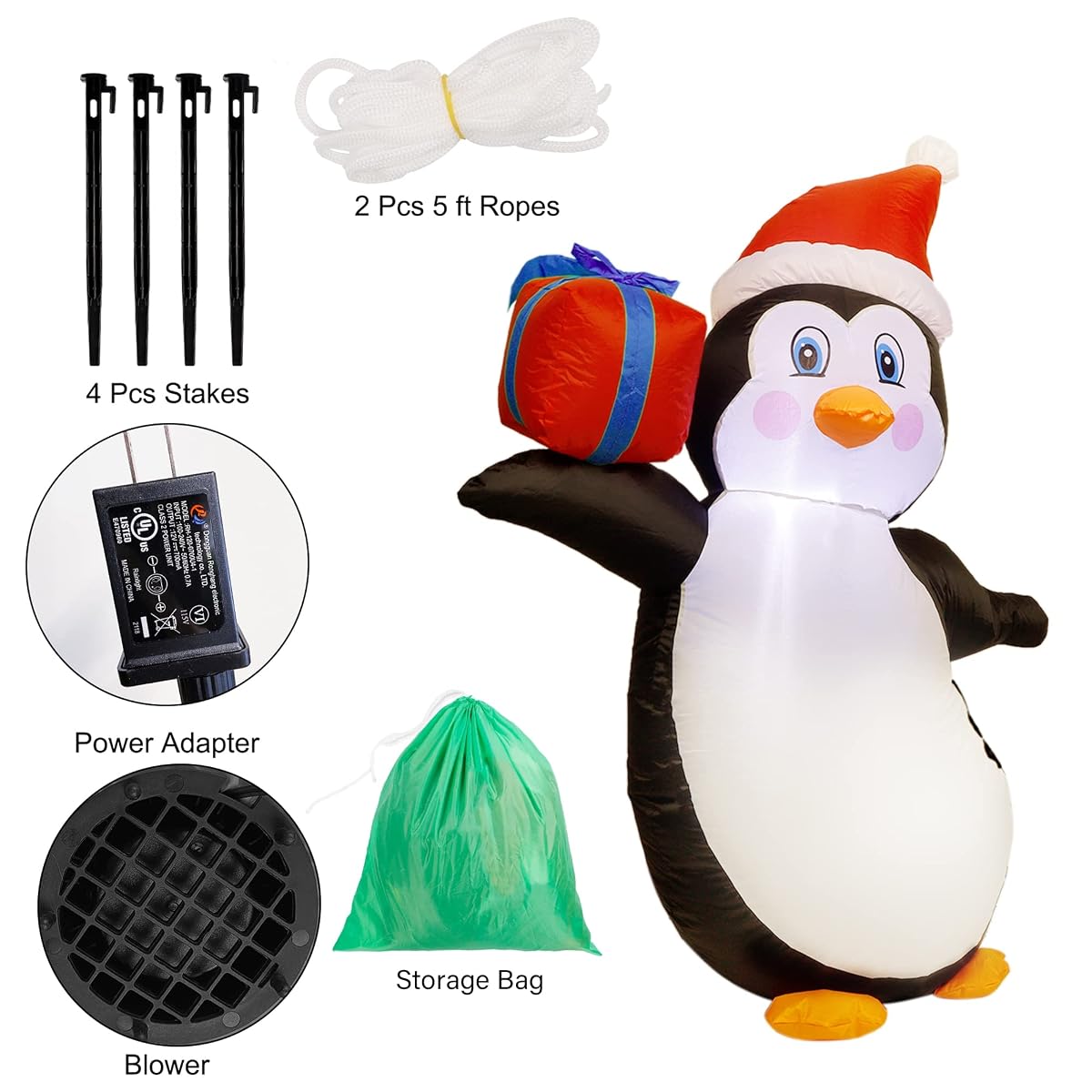 Prsildan 4 FT Christmas Inflatable Penguin, Build-in LED Lights Blow up Penguin with Gift Box and Christmas Hat, Xmas Yard Decorations for Indoor Outdoor Garden Lawn Front Door Holiday Party - imagem de detalhe 3