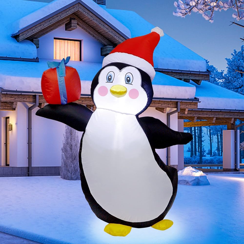 Prsildan 4 FT Christmas Inflatable Penguin, Build-in LED Lights Blow up Penguin with Gift Box and Christmas Hat, Xmas Yard Decorations for Indoor Outdoor Garden Lawn Front Door Holiday Party
