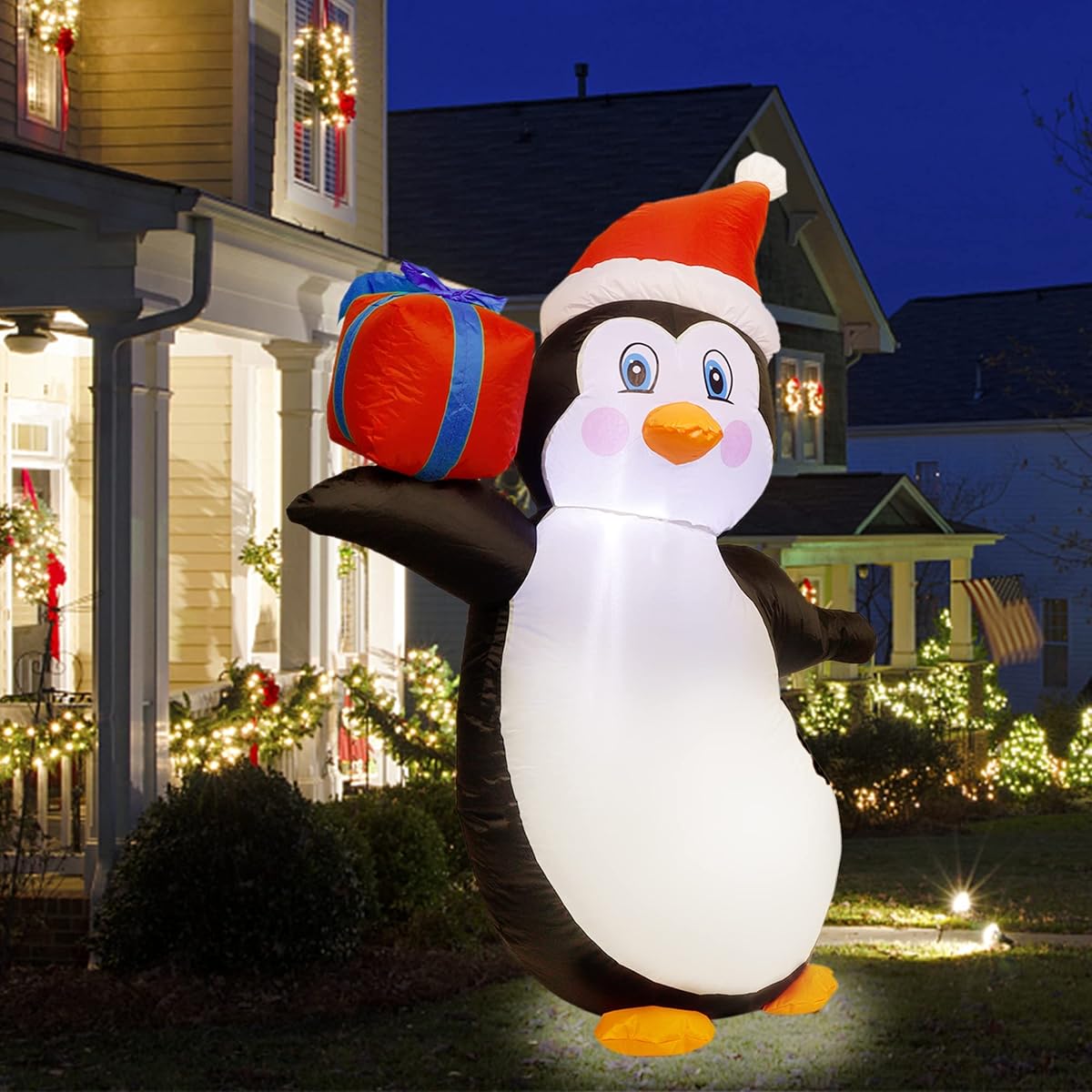 Prsildan 4 FT Christmas Inflatable Penguin, Build-in LED Lights Blow up Penguin with Gift Box and Christmas Hat, Xmas Yard Decorations for Indoor Outdoor Garden Lawn Front Door Holiday Party - imagem de detalhe 6