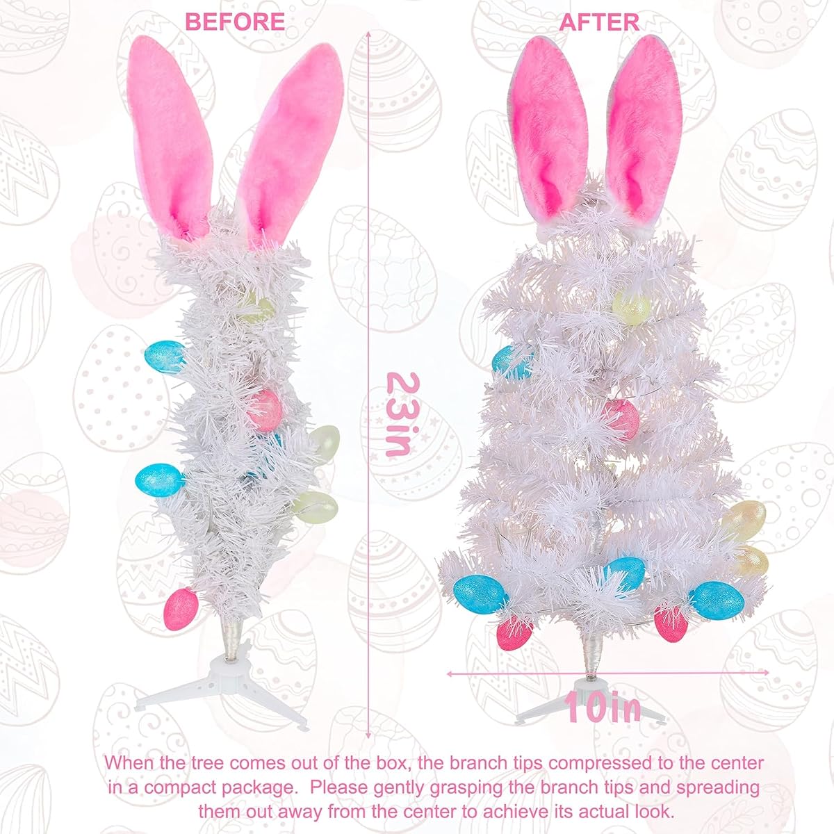 Dynaming 2 Pack Easter Table Decorations, 23 Inch Lighted Easter Bunny White Tree, Pre-lit Artificial Tabletop Tree with Ears & Eggs, Battery Operated Light Up for Indoor Spring Home Bedroom Decor - imagem de detalhe 1