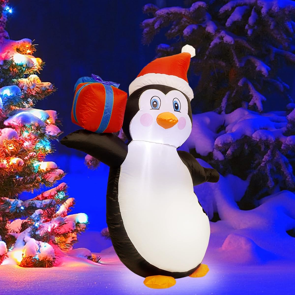 Prsildan 4 FT Christmas Inflatable Penguin, Build-in LED Lights Blow up Penguin with Gift Box and Christmas Hat, Xmas Yard Decorations for Indoor Outdoor Garden Lawn Front Door Holiday Party - imagem de detalhe 4