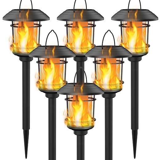 Dynaming 6 Pack Solar Flame Torch Lights Outdoor, Halloween Dual Use Flickering Flame Garden Light, Christmas Hanging Lanterns, Auto On/Off & Waterproof Lighting for Lawn Patio Yard Walkway Driveway