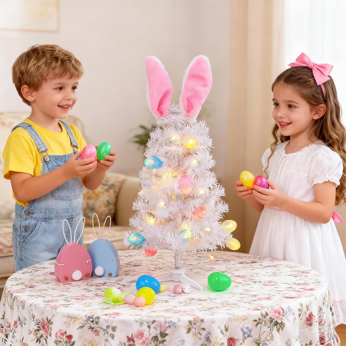 Dynaming 2 Pack Easter Table Decorations, 23 Inch Lighted Easter Bunny White Tree, Pre-lit Artificial Tabletop Tree with Ears & Eggs, Battery Operated Light Up for Indoor Spring Home Bedroom Decor - imagem de detalhe 4