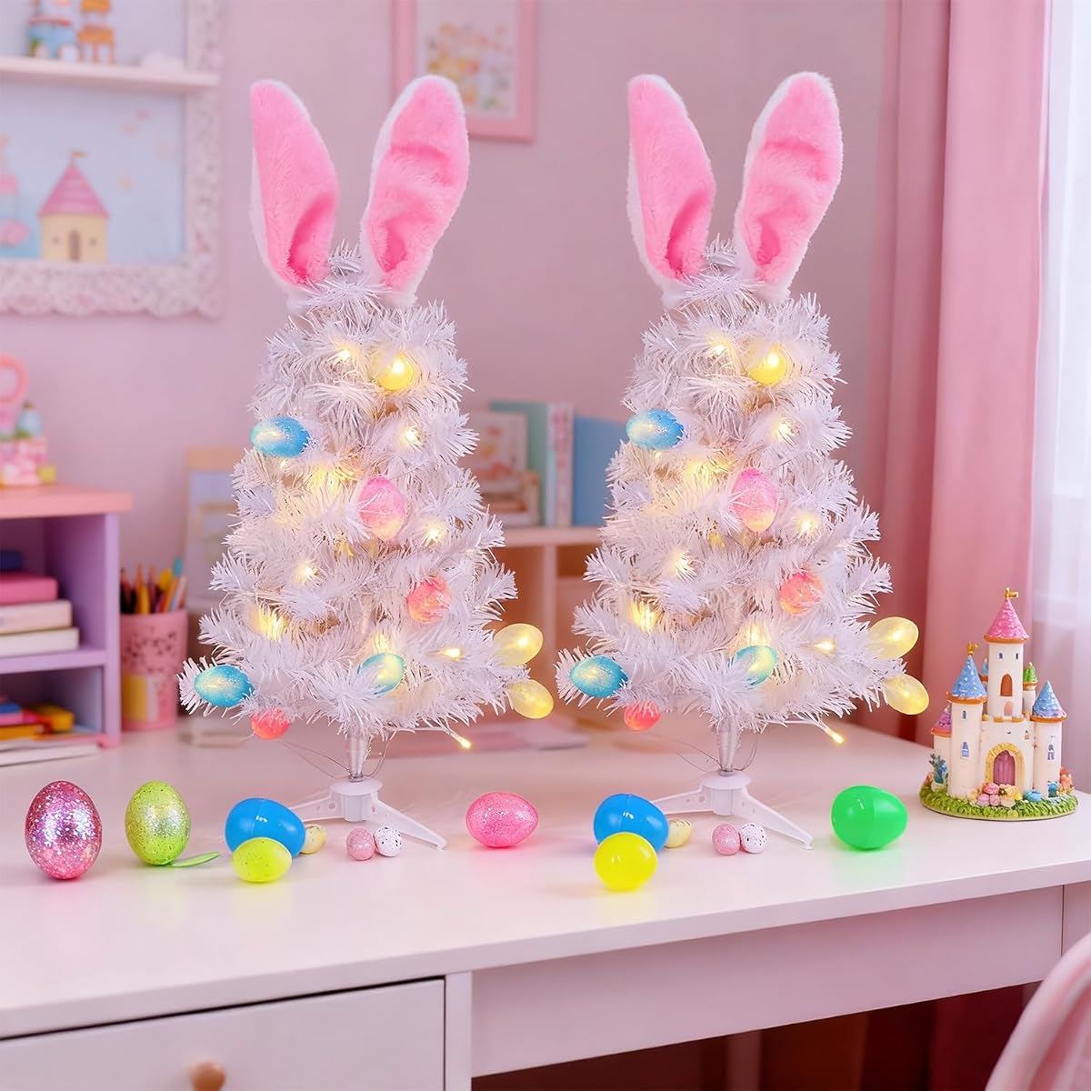 Dynaming 2 Pack Easter Table Decorations, 23 Inch Lighted Easter Bunny White Tree, Pre-lit Artificial Tabletop Tree with Ears & Eggs, Battery Operated Light Up for Indoor Spring Home Bedroom Decor - imagem de detalhe 2