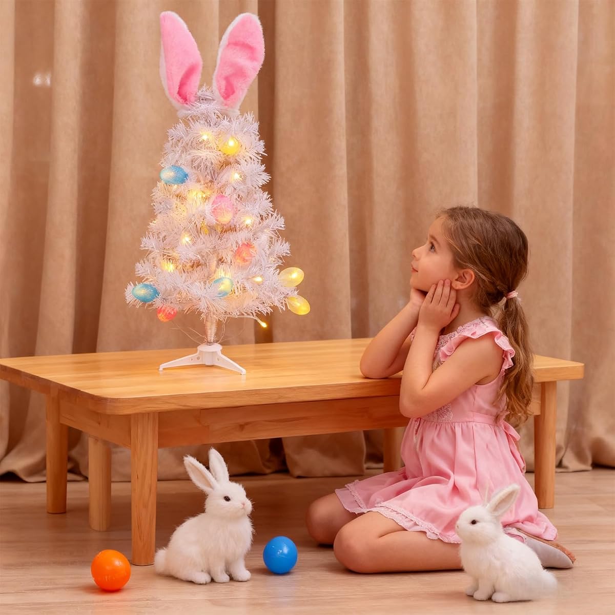 Dynaming Easter Table Decorations, 23 Inch Lighted Easter Bunny White Tree, Pre-lit Artificial Tabletop Tree with Bunny Ears and Eggs, Battery Operated Light Up for Indoor Spring Home Bedroom Decor - imagen de detalle 4