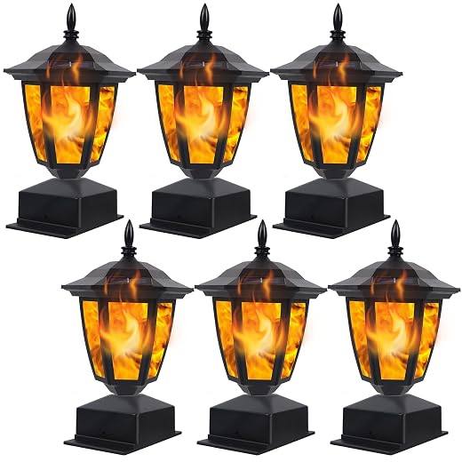 Dynaming Solar Flame Post Lights Outdoor, Solar Powered Lamps Fence Post Cap Lights, Flickering Flame LED Lantern Decorative Waterproof for Garden Deck Patio, Fit 4x4, 5x5 or 6x6 Wooden Posts, 6 Pack