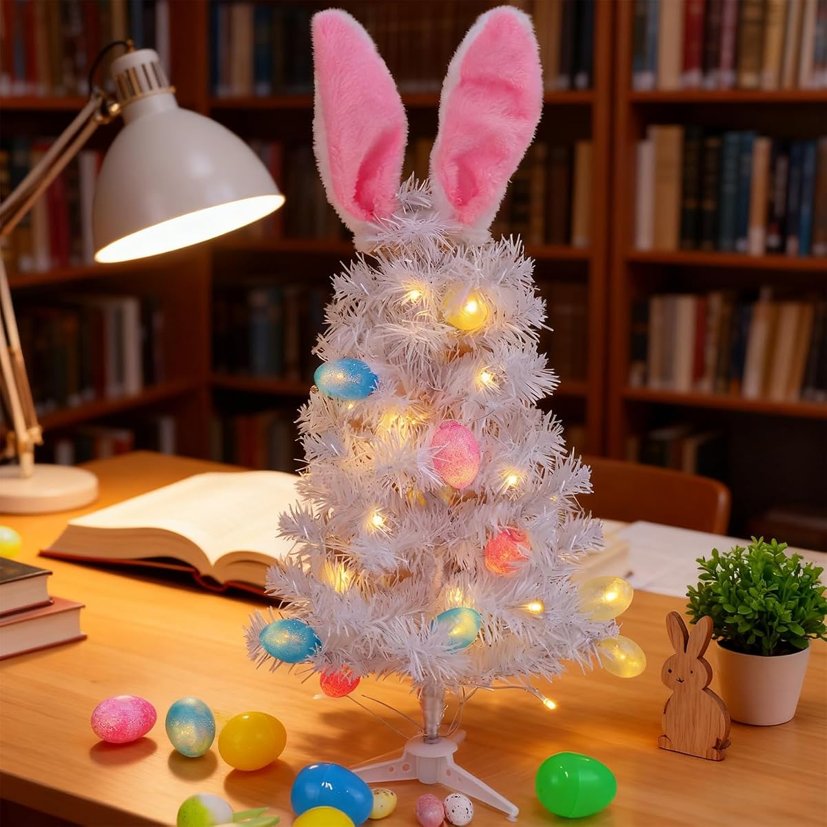 Dynaming Easter Table Decorations, 23 Inch Lighted Easter Bunny White Tree, Pre-lit Artificial Tabletop Tree with Bunny Ears and Eggs, Battery Operated Light Up for Indoor Spring Home Bedroom Decor - imagen de detalle 6