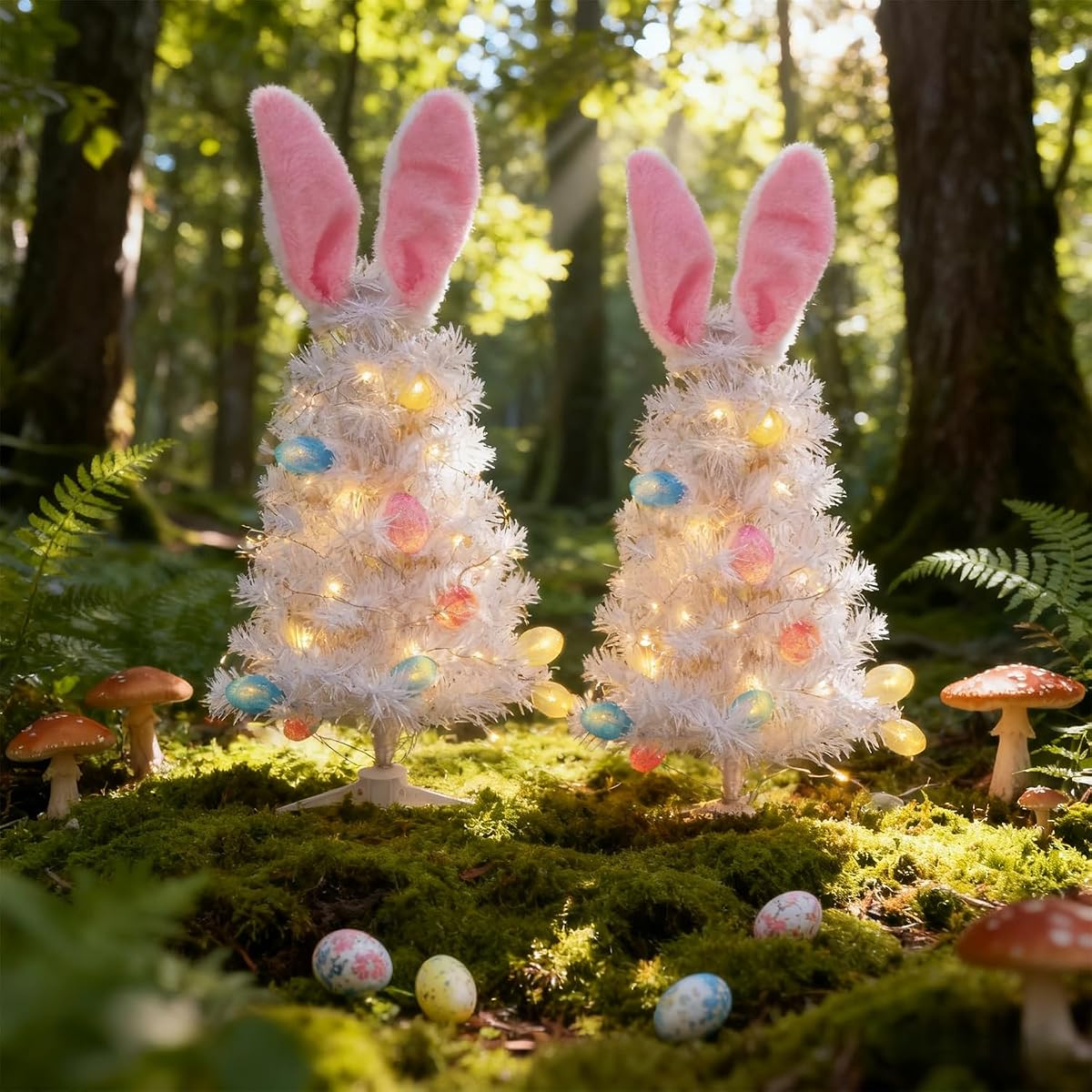 Dynaming 2 Pack Easter Table Decorations, 23 Inch Lighted Easter Bunny White Tree, Pre-lit Artificial Tabletop Tree with Ears & Eggs, Battery Operated Light Up for Indoor Spring Home Bedroom Decor - imagem de detalhe 5