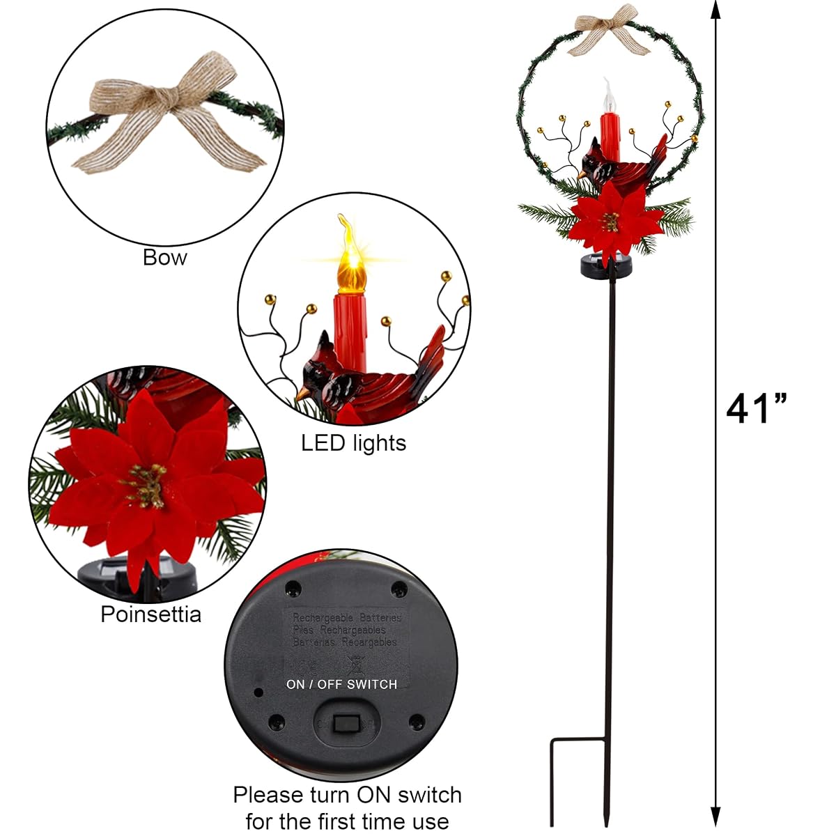 Dynaming Christmas Outdoor Decoration Solar Stake Lights, 2 Pack 41 Inch Yard Stakes Christmas Poinsettia Cardinal with LED Candle, Perfect for Yard Garden Pathway Lawn Xmas Holiday Winter Decor - imagem de detalhe 2