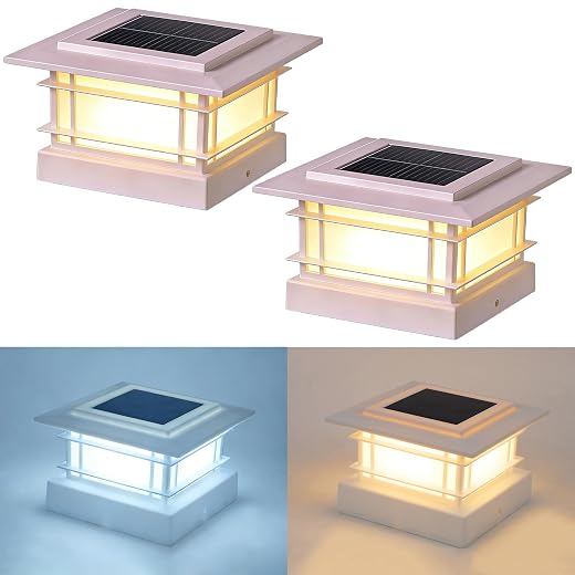 Dynaming 4x4 Solar Post Cap Lights Outdoor with 2 Color Modes, Fence Post Solar Lights White Shell Fit for Vinyl/Wooden Posts, High Brightness SMD LED Lighting Decor for Garden Deck Patio, 2 Pack