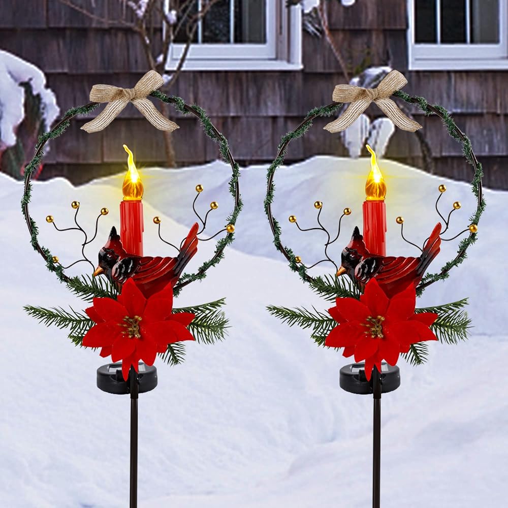 Dynaming Christmas Outdoor Decoration Solar Stake Lights, 2 Pack 41 Inch Yard Stakes Christmas Poinsettia Cardinal with LED Candle, Perfect for Yard Garden Pathway Lawn Xmas Holiday Winter Decor