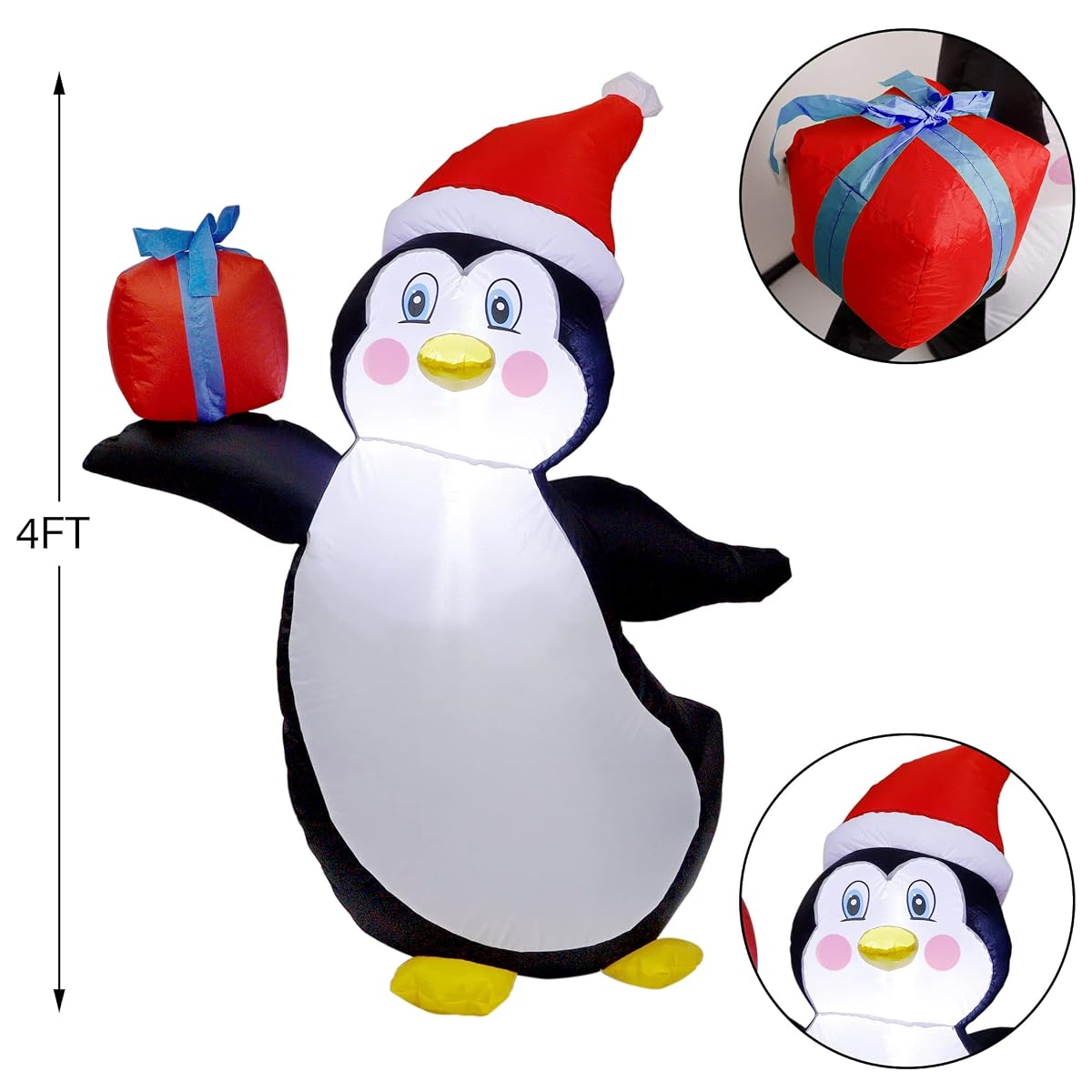 Prsildan 4 FT Christmas Inflatable Penguin, Build-in LED Lights Blow up Penguin with Gift Box and Christmas Hat, Xmas Yard Decorations for Indoor Outdoor Garden Lawn Front Door Holiday Party - imagem de detalhe 2