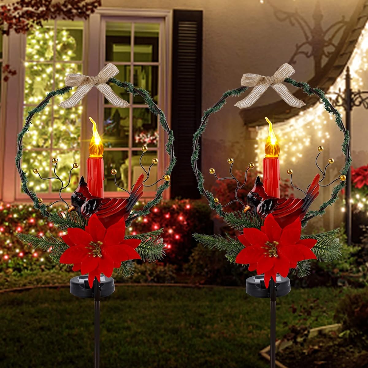 Dynaming Christmas Outdoor Decoration Solar Stake Lights, 2 Pack 41 Inch Yard Stakes Christmas Poinsettia Cardinal with LED Candle, Perfect for Yard Garden Pathway Lawn Xmas Holiday Winter Decor - imagem de detalhe 6