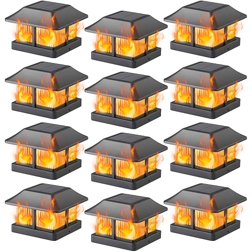 Dynaming 4x4 Solar Flame Post Cap Lights Outdoor, Solar Powered Fence Post Light, Flickering Flame LED Lantern Lamps Waterproof for Garden Deck Patio, Fit Wooden/Vinyl Posts, 12 Pack