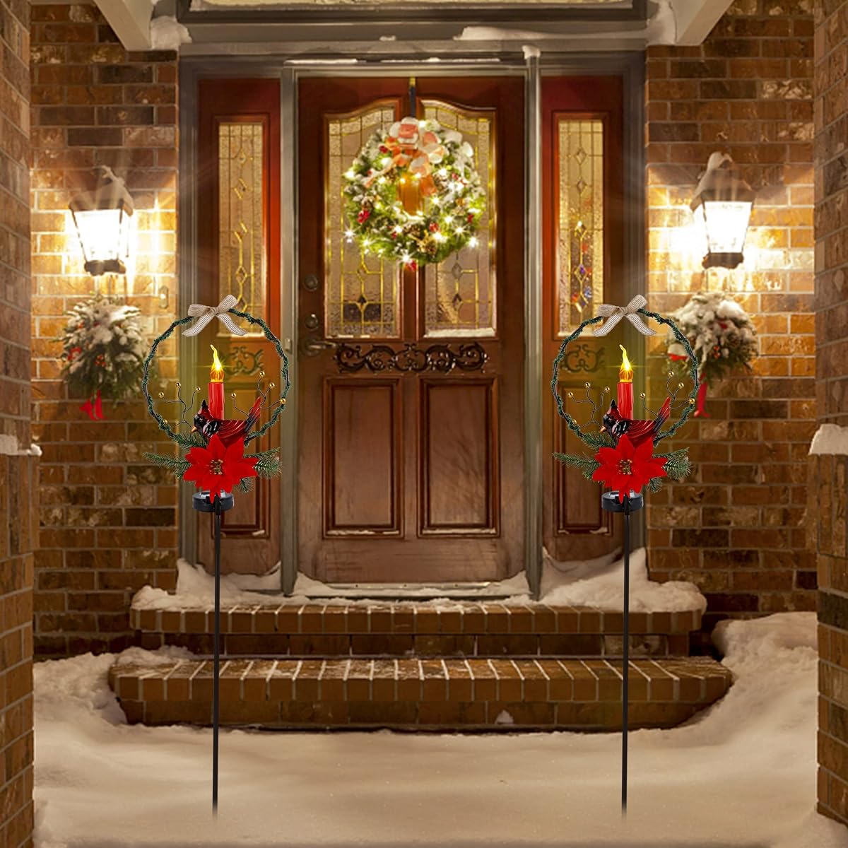 Dynaming Christmas Outdoor Decoration Solar Stake Lights, 2 Pack 41 Inch Yard Stakes Christmas Poinsettia Cardinal with LED Candle, Perfect for Yard Garden Pathway Lawn Xmas Holiday Winter Decor - imagem de detalhe 5
