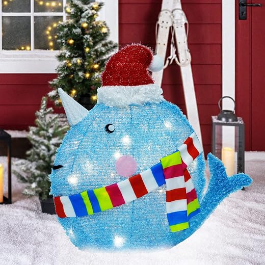 Dynaming Christmas Light up Whale with Hat, 35 LED Lights, Blue, Multicolor, Outdoor Indoor Christmas Decoration for Home, Kitchen, Parties
