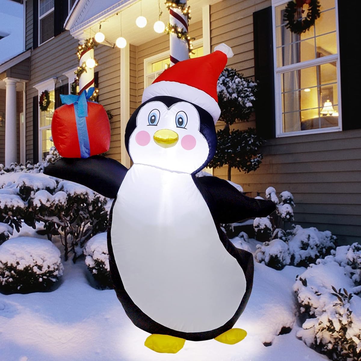 Prsildan 4 FT Christmas Inflatable Penguin, Build-in LED Lights Blow up Penguin with Gift Box and Christmas Hat, Xmas Yard Decorations for Indoor Outdoor Garden Lawn Front Door Holiday Party - imagem de detalhe 5