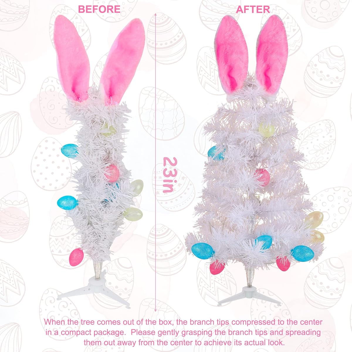 Dynaming Easter Table Decorations, 23 Inch Lighted Easter Bunny White Tree, Pre-lit Artificial Tabletop Tree with Bunny Ears and Eggs, Battery Operated Light Up for Indoor Spring Home Bedroom Decor - imagen de detalle 1