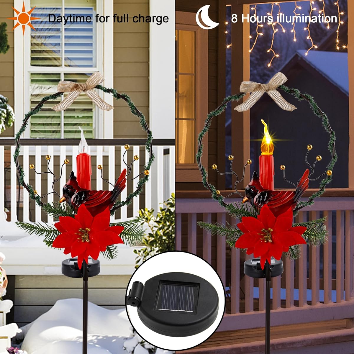 Dynaming Christmas Outdoor Decoration Solar Stake Lights, 2 Pack 41 Inch Yard Stakes Christmas Poinsettia Cardinal with LED Candle, Perfect for Yard Garden Pathway Lawn Xmas Holiday Winter Decor - imagem de detalhe 4